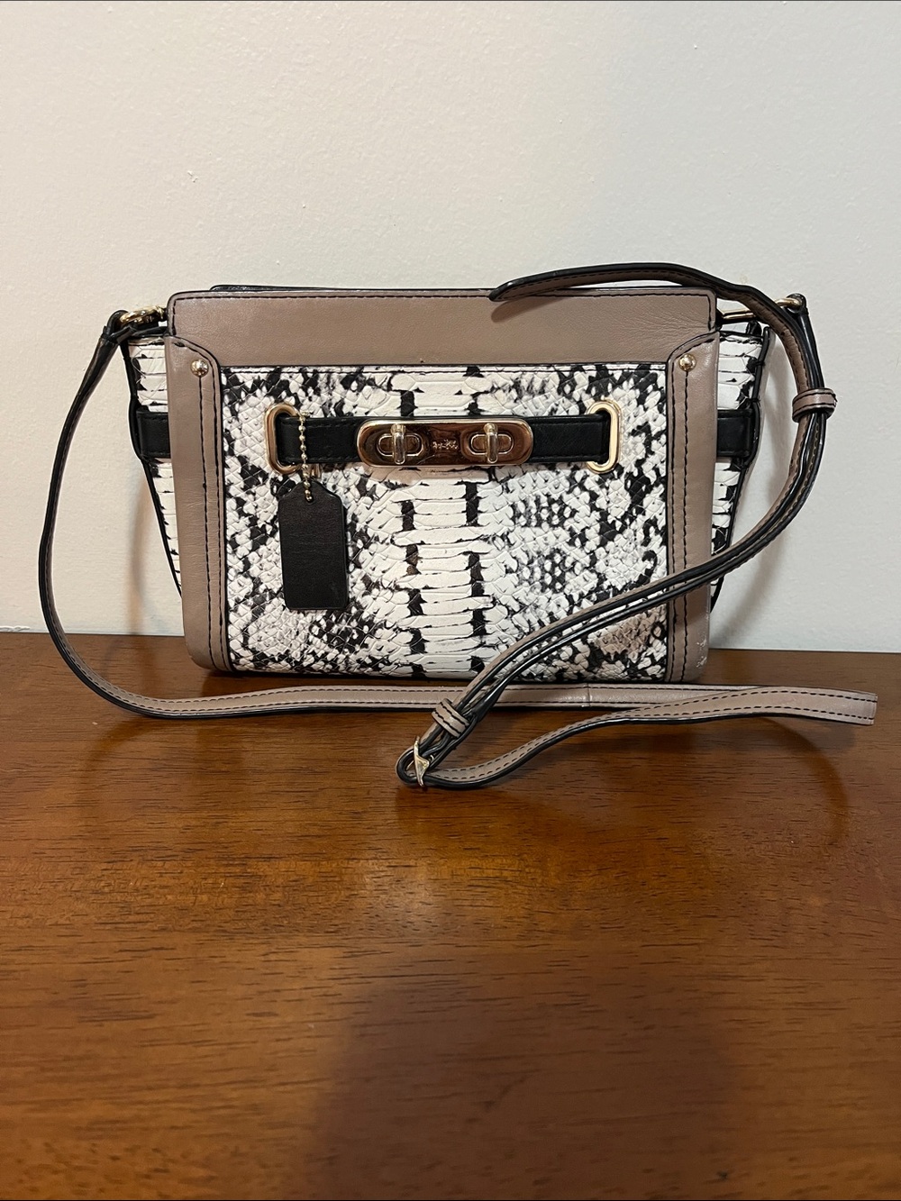 Coach Taupe and Black Snake-Print Crossbody with Gold Accent